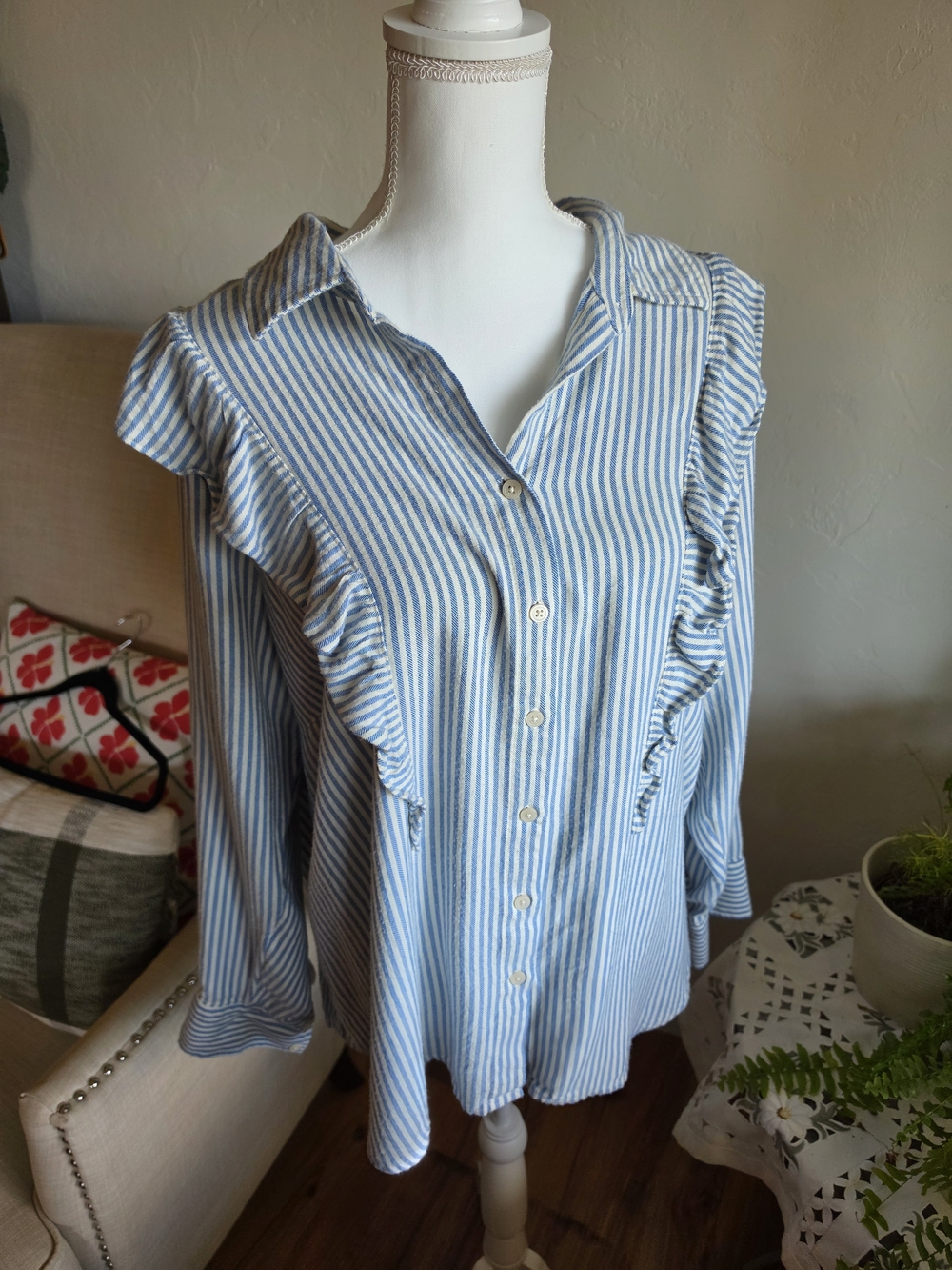 Torrid Striped Ruffle-Trim Button-Up Blouse